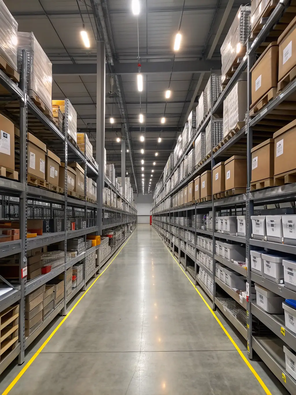 A brightly lit, organized warehouse interior with shelves stocked with various products, showcasing efficient storage and inventory management.